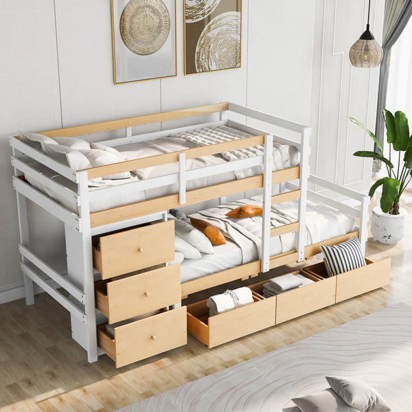 English Elm Twin Loft Bunk Bed with Built-In Drawers and Ladder, Space-Saving Twin over Twin Pine MDF Design Natural GX000424AAN
