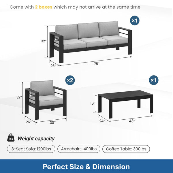 English Elm All-weather Outdoor 4 Piece Iron Conversation Set with Olefin Cushions and Wood Grain Table Light Gray B082S00105
