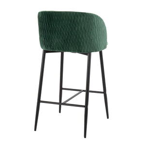 English Elm Fran Pleated Waves Counter Stool Set Of 2 - Luxurious Green Velvet & Modern Black Metal Design B202S00279
