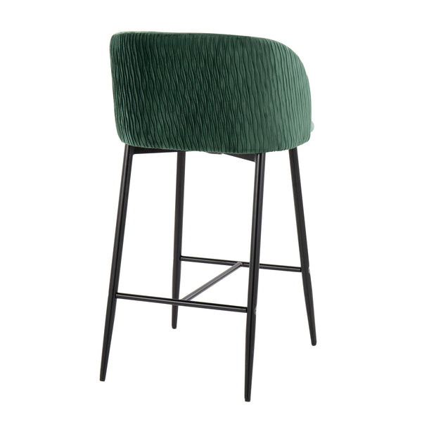 English Elm Fran Pleated Waves Counter Stool Set Of 2 - Luxurious Green Velvet & Modern Black Metal Design B202S00279
