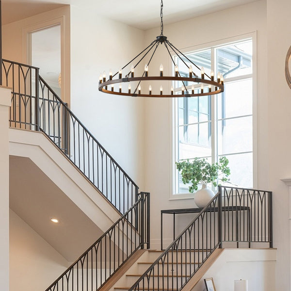 English Elm 53.15 Inch Wagon Wheel Chandelier Wood Matte Black 30 Light Seeded Glass Farmhouse W5008P464800