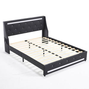 English Elm Queen Platform Bed Wingback Diamond Quilted Headboard Led Lighting Storage Drawers Black W5722P462392