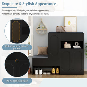 English Elm On-Trend Modern 2-In-1 Shoe Cabinet With Cushion, Adjustable Shelves & Elegant Arched Doors For Entryway N721P245716B-GIGA