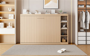 English Elm Full Full Size Murphy Bed with Bookshelf and Fold-Down Work Surface, Space-Saving LVL/MDF Design Natural GX002220AAN