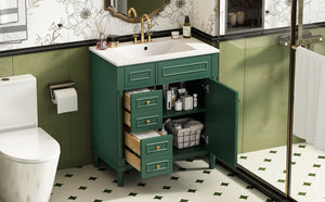 English Elm 30" Bathroom Vanity with Sink — Freestanding Modern Cabinet with Soft-Close Door, 2 Deep Drawers, Durable Basin Green N710P288938F
