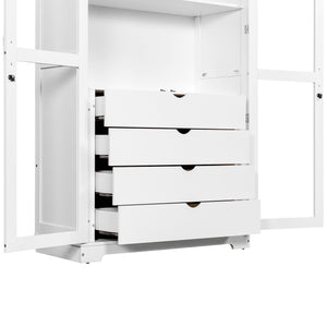 English Elm Topmax Solid Pine Pantry Cabinet with Glass Doors Four Drawers Farmhouse Storage White SP000086AAK