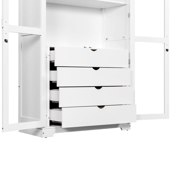 English Elm Topmax Solid Pine Pantry Cabinet with Glass Doors Four Drawers Farmhouse Storage White SP000086AAK