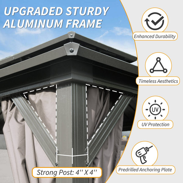 English Elm 8' Hardtop Gazebo 8x10 Aluminum Pavilion with Double Roof, Curtains & Netting for Outdoor Events Grey W1859S00148