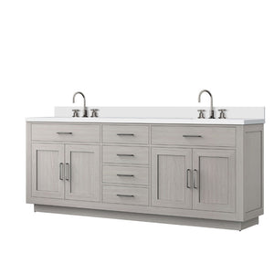 English Elm White Oak Double Bath Vanity 84" W X 22" D With White Quartz Top & Chrome Faucet Set For Luxury Bathrooms B2731P257884-GIGA