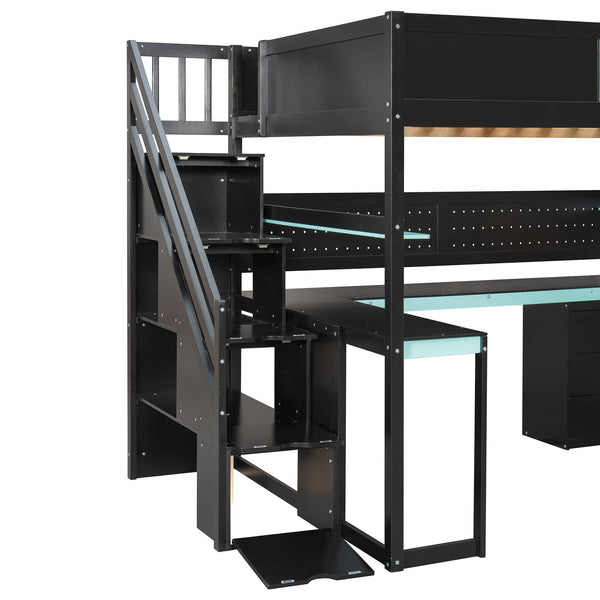 English Elm Full Size Gaming Loft Bed with Led Lighting Desk Shelves and Usb Charging Ports N820S00071C