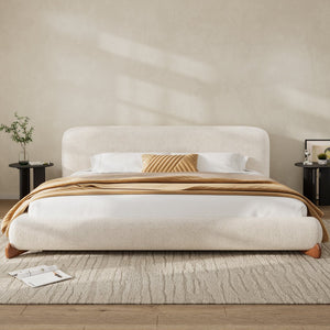English Elm King Boucle Upholstered Platform Bed Sculpted Headboard Solid Wood Legs Bedroom N757K333334W