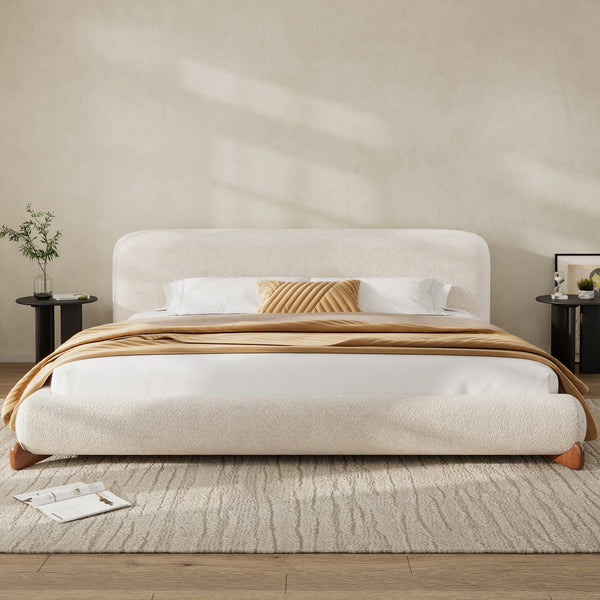 English Elm King Boucle Upholstered Platform Bed Sculpted Headboard Solid Wood Legs Bedroom N757K333334W