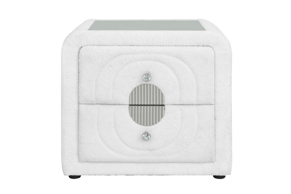 English Elm Shelyn Teddy Sherpa Upholstered Nightstand with Glass Top and Crystal Knob Hardware White B2756P495789