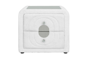 English Elm Shelyn Teddy Sherpa Upholstered Nightstand with Glass Top and Crystal Knob Hardware White B2756P495789