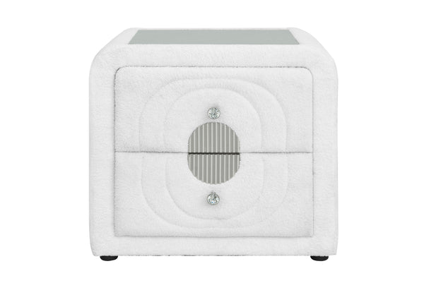 English Elm Shelyn Teddy Sherpa Upholstered Nightstand with Glass Top and Crystal Knob Hardware White B2756P495789