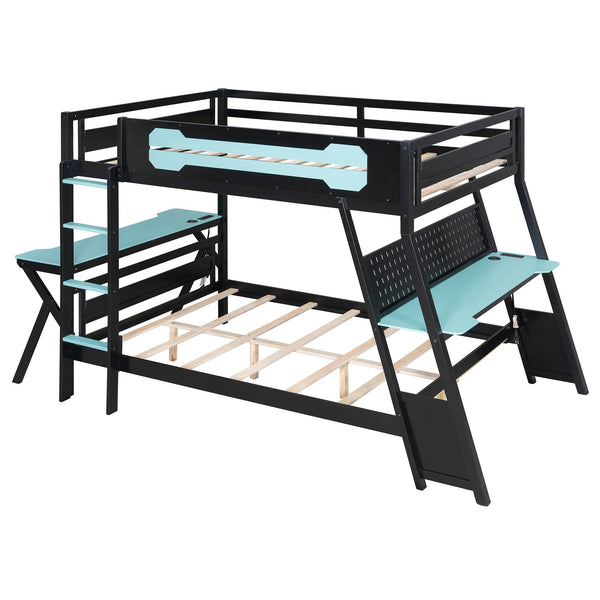 English Elm Full Size Gaming Bunk Bed with Dual Desks Usb Charging Ports and Pegboard Storage Blue LT000274AAC