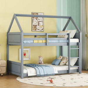 English Elm Twin House-Style Floor Bunk Bed With Safety Guardrails, Durable Rubberwood, And Fun Grey Finish W504P314947-GIGA