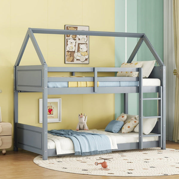 English Elm Twin House-Style Floor Bunk Bed With Safety Guardrails, Durable Rubberwood, And Fun Grey Finish W504P314947-GIGA