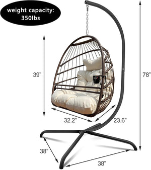 English Elm Swing Egg Chair with Stand - Foldable Wicker Rattan Hanging Basket, Safety Guardrail & Cup Holder beige brown W2707P184390