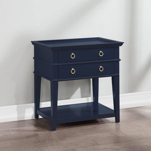 English Elm Carmona Midnight Blue Tray Top Nightstand with Two Drawers, Open Shelf, Brushed Gold Ring Pulls Dark Blue B050P376935