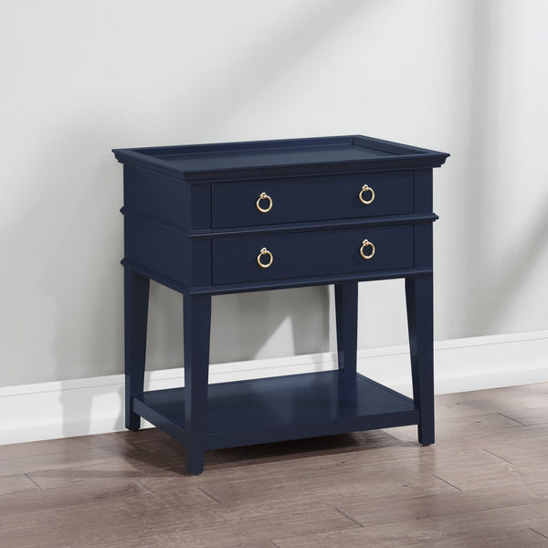 English Elm Carmona Midnight Blue Tray Top Nightstand with Two Drawers, Open Shelf, Brushed Gold Ring Pulls Dark Blue B050P376935
