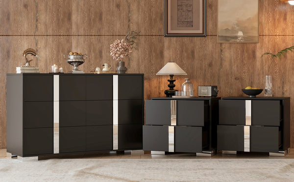 English Elm 3-Pieces Mirrored 6-Drawer Dresser and Two Nightstands with Sleek Metal Legs for Modern Living Black 54.25 L x 20.75 W x 8.5 H N733S307938B