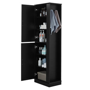 English Elm Tall Bathroom Storage Cabinet - Freestanding With Adjustable Shelves, Hooks & Modern Black Design N725P241834B-GIGA