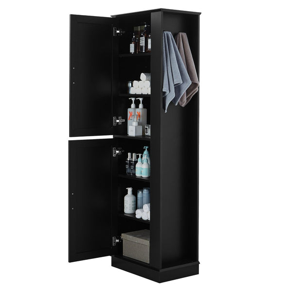English Elm Tall Bathroom Storage Cabinet - Freestanding With Adjustable Shelves, Hooks & Modern Black Design N725P241834B-GIGA