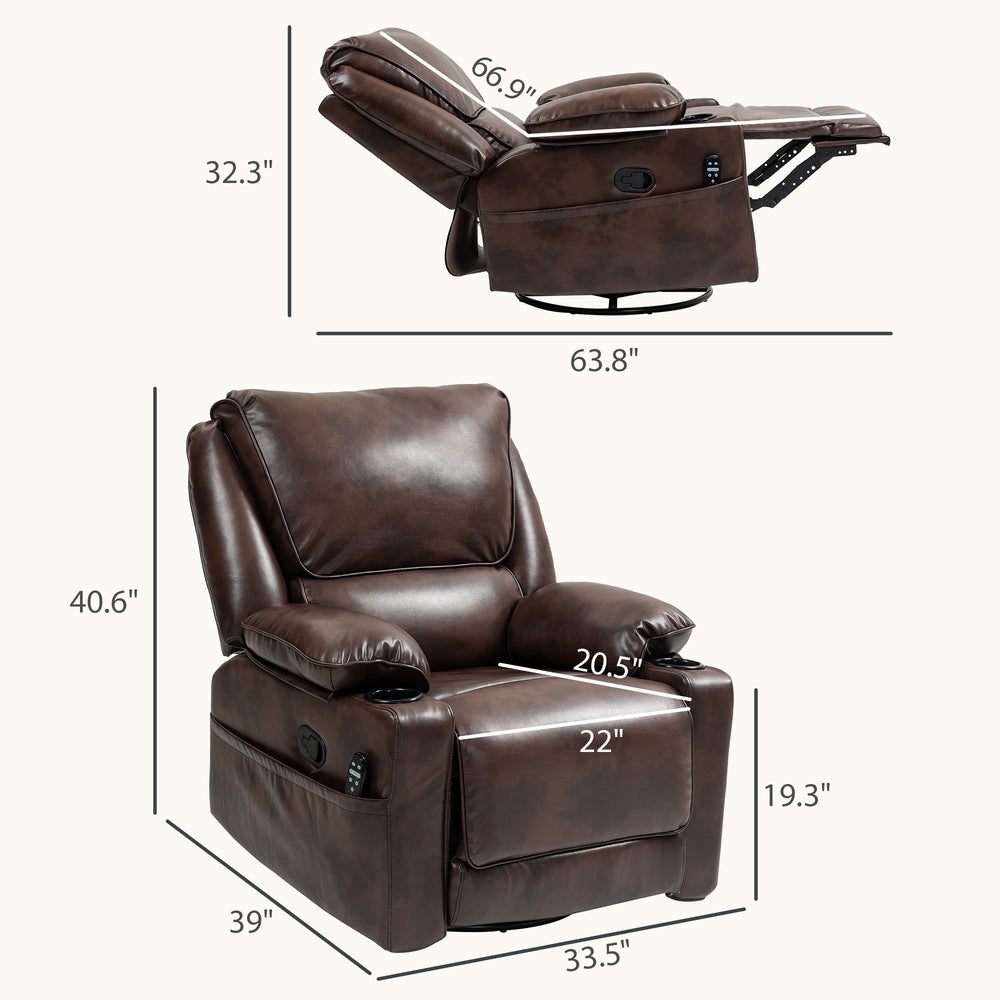 English Elm Massage Recliner Swivel Rocker with Heat Lumbar Support Pu Leather Oversized Lounge T3971P405839