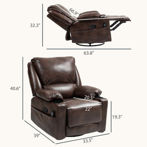 English Elm Massage Recliner Swivel Rocker with Heat Lumbar Support Pu Leather Oversized Lounge T3971P405839