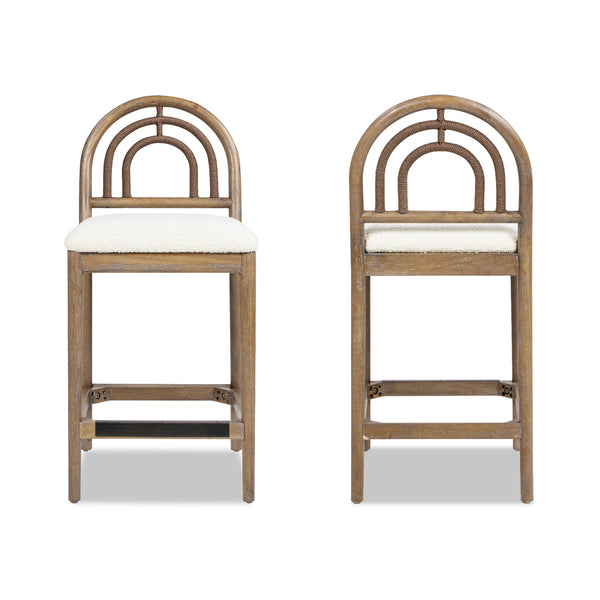English Elm Jennifer Taylor Home - Leon Arched Back 27" Counter Stool Set of 2 in Ivory Bouclé with Rope-Wrapped Back, Eco Rubberwood Durable Finish B2719P245956