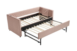 English Elm Pink velvet daybed with diamond-grid pull-out trundle, modern velvet MDF frame, twin size elegance and extra sleep space W1361S00030