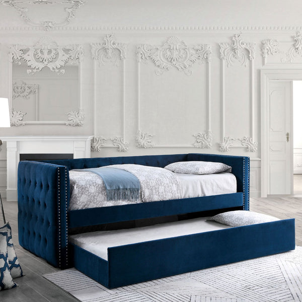 English Elm Transitional Daybed With Trundle - Elegant Navy Upholstery, Button-Tufted Comfort & Nailhead Trim B2741S00594-GIGA