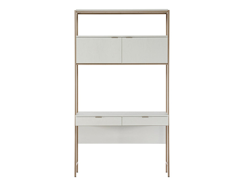 Sunpan AMBROSE Modular Wall Desk - Elegant Cream Oak & Champagne Gold Storage Solution for Modern Spaces 107643