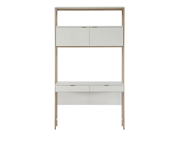 Sunpan AMBROSE Modular Wall Desk - Elegant Cream Oak & Champagne Gold Storage Solution for Modern Spaces 107643
