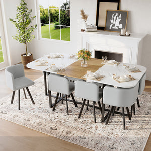 English Elm 9-piece Square Dining Set with Marble Wood Tabletop and Gray Pu Leather Chairs for 8 W3875S00146