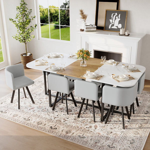 English Elm 9-piece Square Dining Set with Marble Wood Tabletop and Gray Pu Leather Chairs for 8 W3875S00146