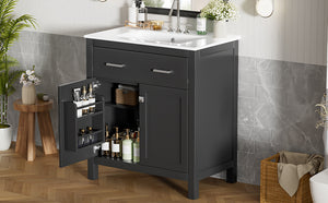English Elm 30" Modern Bathroom Vanity with Ceramic Sink and Soft-Close Doors, Solid Wood MDF Build, Sleek Handles Black N729P263155B