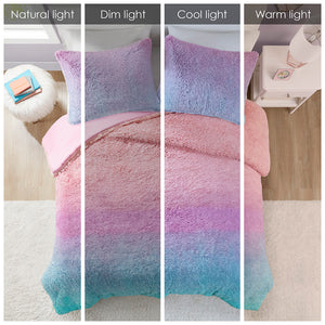 JLA Home Mi Zone - Ombre Plush Shaggy Faux Fur Duvet Cover Set – Ombre Gradient Pink-Purple-Aqua, Cozy, OEKO-TEX Safe MZ12-0646