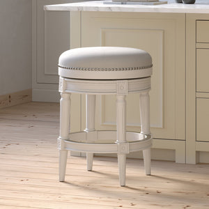 English Elm 26in. Faux Leather Swivel Barstool Nailhead Trim Carved Wood Counter Height Kitchen White B2751P436438