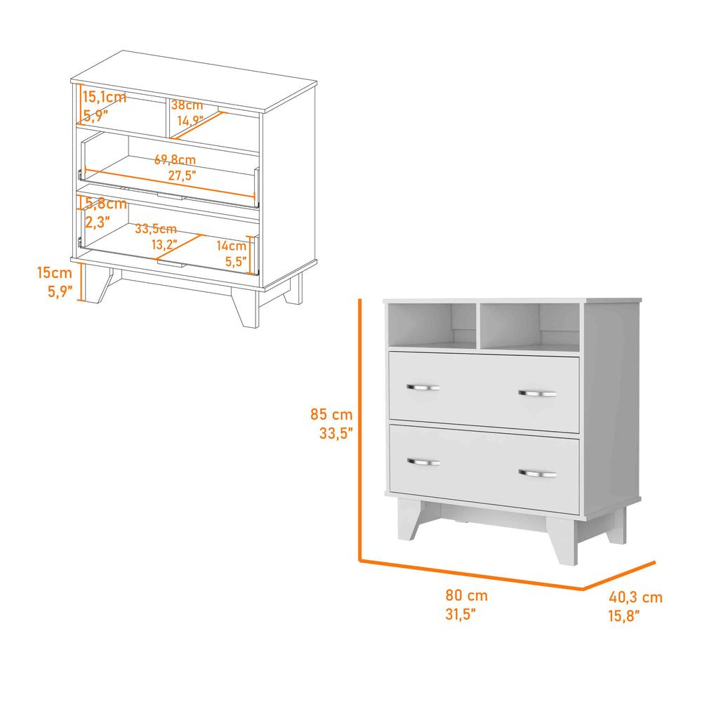 English Elm Portobelo modern two-drawer dresser with open shelves, sturdy top & four legs for stylish storage and display White 36 L x 21 W x 4 H B128S00111