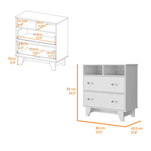 English Elm Portobelo modern two-drawer dresser with open shelves, sturdy top & four legs for stylish storage and display White 36 L x 21 W x 4 H B128S00111
