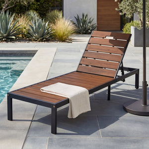 English Elm Outdoor Acacia Wood Slat Chaise Lounge with Powder Coated Frame for Patio Resort Black+Brown N719P383161D
