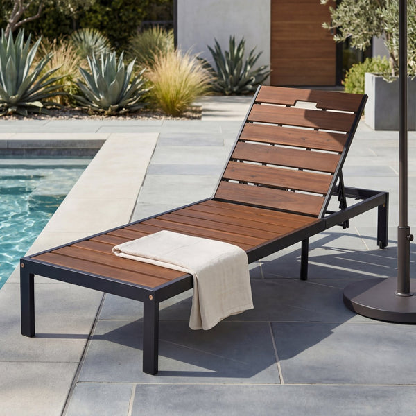English Elm Outdoor Acacia Wood Slat Chaise Lounge with Powder Coated Frame for Patio Resort Black+Brown N719P383161D