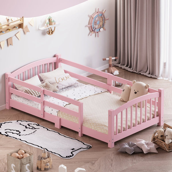 English Elm Twin Montessori Floor Bed Solid Pine Frame with Safety Guardrails for Kids Bedroom Pink N733P400298H