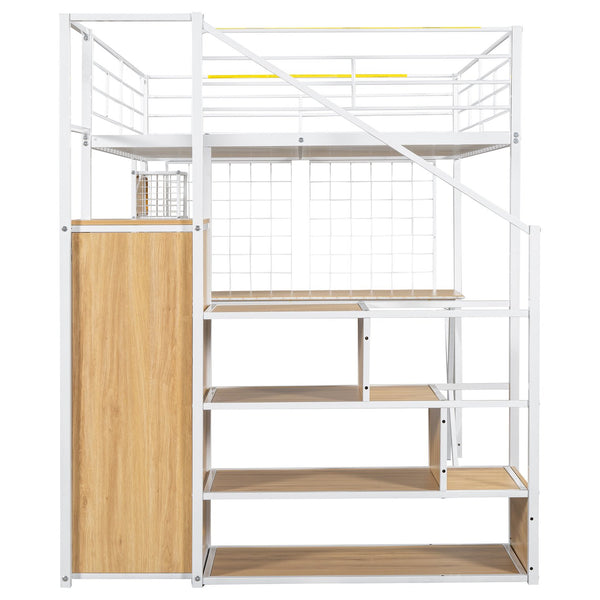 English Elm Full Full Size Metal Loft Bed with Built-In Desk, Wardrobe & Stair Storage, LED Lights, Space-Saving White GX000663AAK