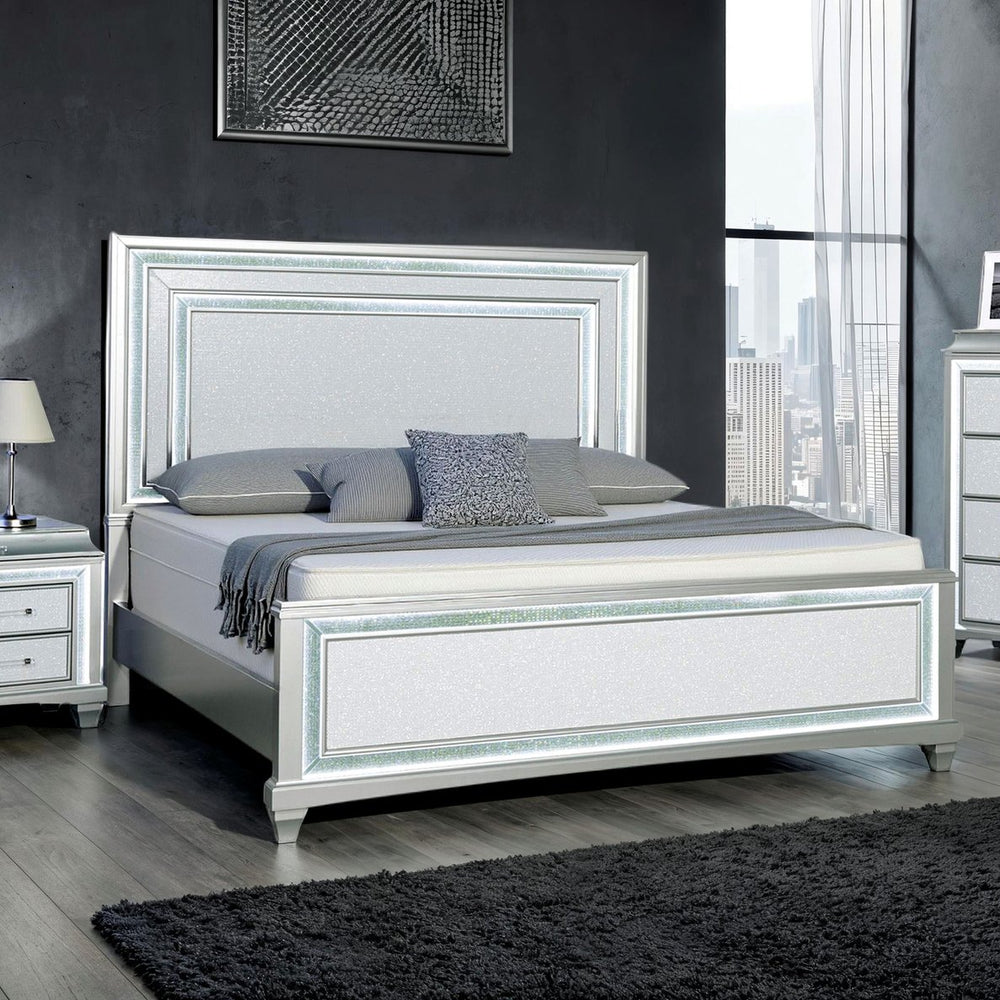 English Elm 1pc Queen Wingback Upholstered Platform Bed Gray Rubberwood Frame No Box Spring B2741S00801