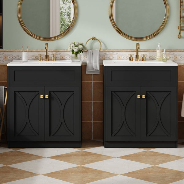 English Elm 60'' Bathroom Vanity Set With Ceramic Sink, Black Freestanding Cabinet, Gold Handles & Soft-Close Doors N710SS00005B