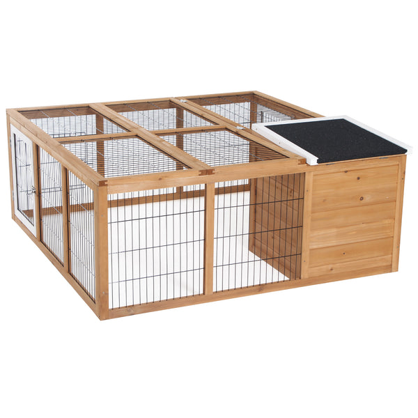 English Elm Small Animal Rabbit Hutch Fir Wood Outdoor Run with Weather Resistant Roof Two Zone T3971P436371