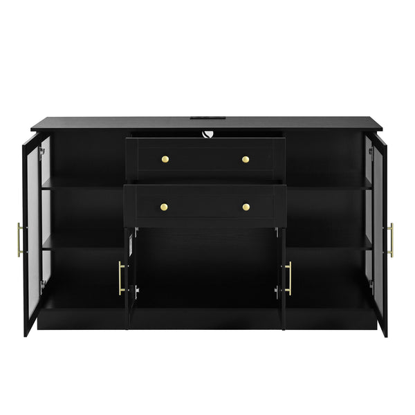 English Elm U-style Modern Buffet Sideboard with Acrylic Doors Power Outlet and Adjustable Storage Black N711P437648B